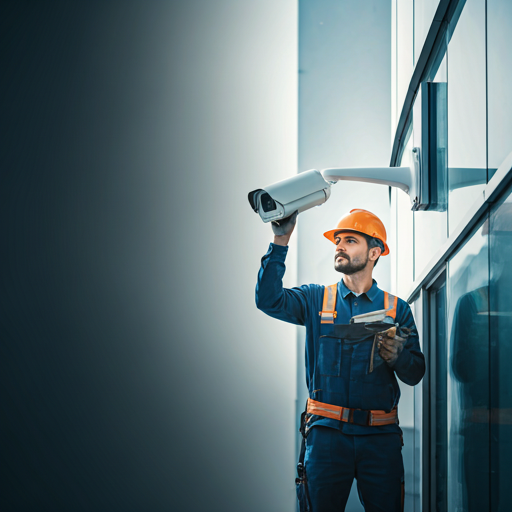 Technician installing a CCTV security camera on a commercial building