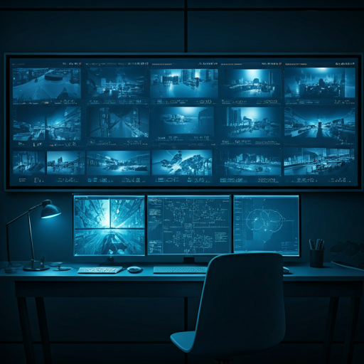 Security control room with multiple surveillance monitors